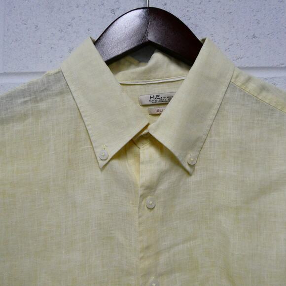 H.E. by Mango Men's Large Shirt Top Slim Fit Button Front Long Sleeve‎ Yellow - Picture 1 of 8